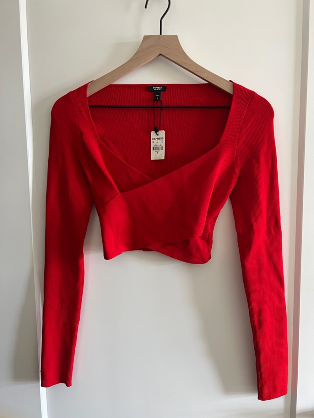 Express Red Ribbed Wrap Crop Top - Long Sleeve